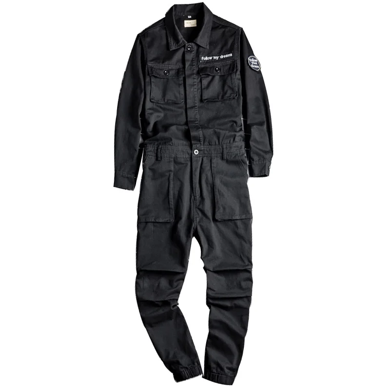Men's Joggers Jumpsuits Casual Multi Pockets Cargo Pants Black Long Sleeve Working Suits Badge Overalls Coveralls