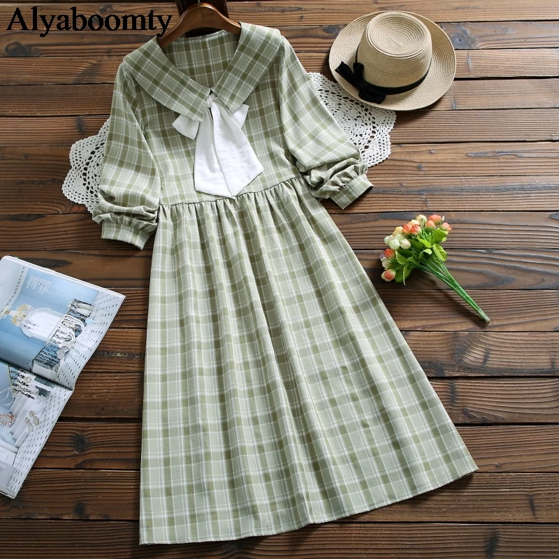 Женское платье средней длины в японском стиле девушки Мори желто зеленое