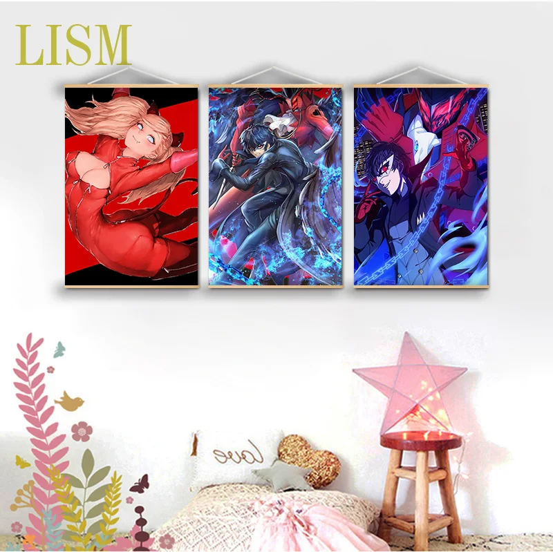 Persona 5 Anime manga wall Poster solid wood hanging scroll with canvas painting