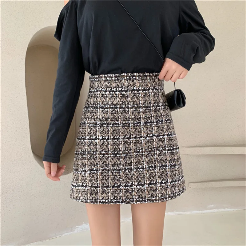 Клетчатая твидовая облегающая юбка для женщин Корейская линия Мини-Юбки Женская