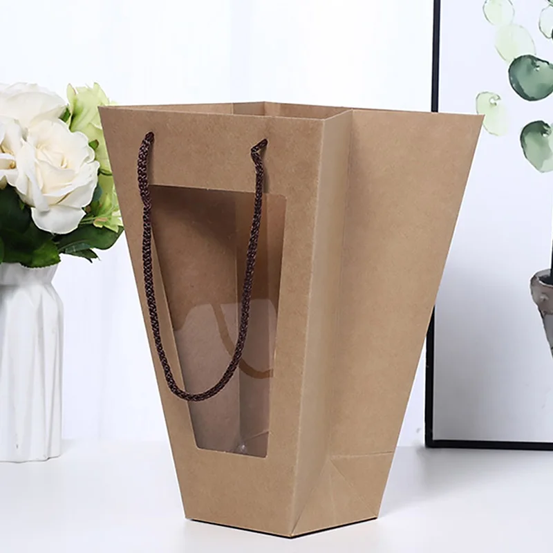 Kraft Paper Transparent Flower Box Waterproof Packaging Basket Folding Handbag |