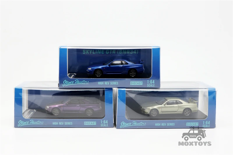 Автомобильная модель автомобиля стойки Hunter 1:64 Nissan Skyline GTR R34 V SPEC II Bayside темно-синяя