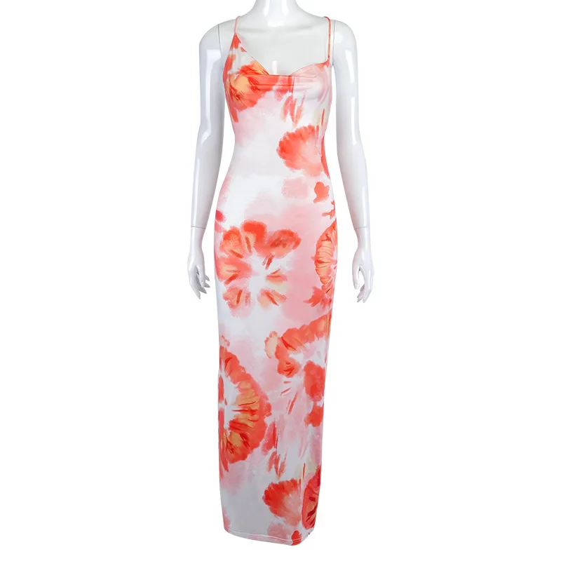 

Fashion Sleeveless Halter Printed Maxi Dress Summer Women Bandage Backless Long Dress Ladies Elegant Casual Beachwear