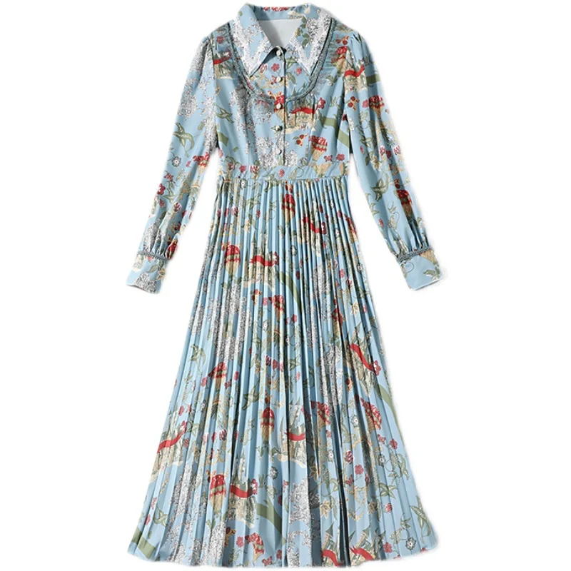 Banulin Fashion Runway Summer Midi Dress Women Long Sleeve Lace Patchwork Floral Print Vintage Female Pleated Dress 2021