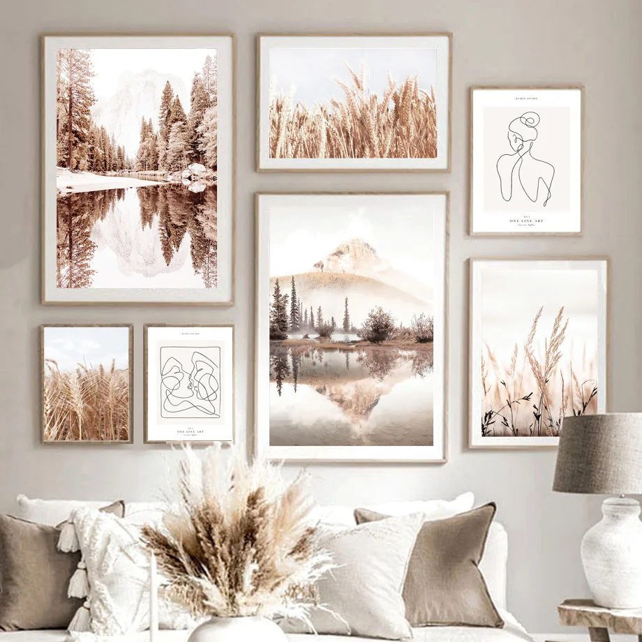 

Autumn Sunrise Lake Forest Mountain Landscape Wall Art Canvas Painting Tree Wheat Line Art Figure Poster Home Decor Picture