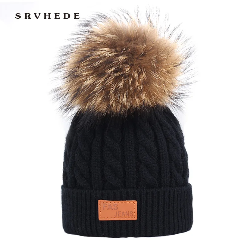 Шапка с помпоном для девочек теплая вязаная шапка из меха енота детская зимняя