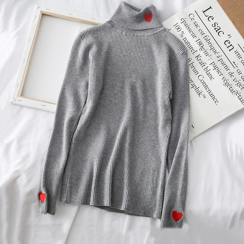 Зимний корейский женский свитер сердце вышивка гольф с длинными рукавами