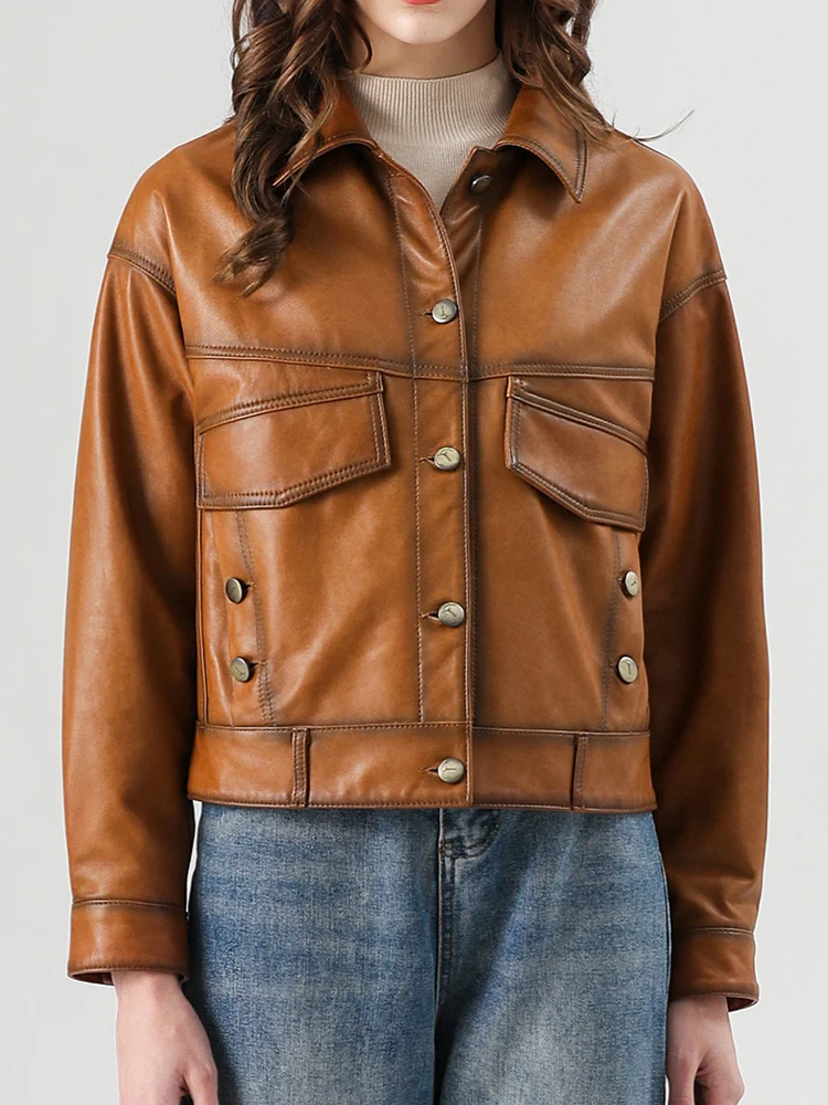 

2021 spring and autumn new sheepskin leather motorcycle leather clothes women's short fashion thin leather jacket