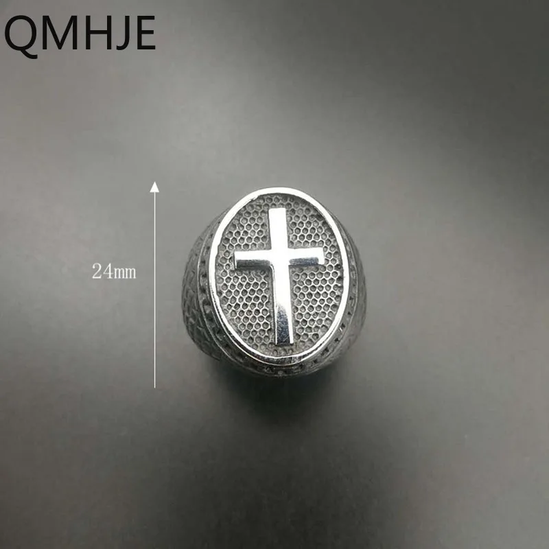 QMHJE, овальные мужские кольца-печатки из нержавеющей стали с крестом, кольцо в стиле хип-хоп, мужские ювелирные изделия серебряного цвета, готический панк классический винтажный DCR010