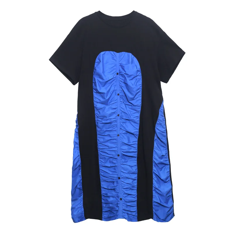 

QING MO Women Temperament Dress 2021 Summer New Women Pleated Stitching Dress Female Patchwork Color Dress ZQY6876
