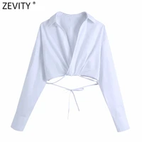 zevity women fashion cross v neck hem bow tied white short smock blouse female long sleeve kimono shirts chic blusas tops ls9008