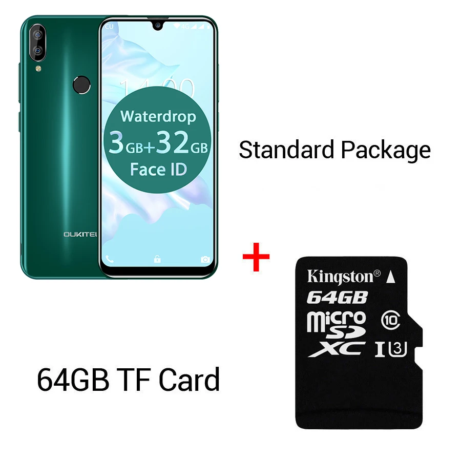Green N 64GB Card OUKITEL C16 Pro 5,71 ''Android 9,0 19:9 MT6761P 3 ГБ 32 ГБ смартфон отпечаток пальца Лицо ID капля экран 5 В/1A 4G мобильный телефон - Цвет: Green N 64GB Card