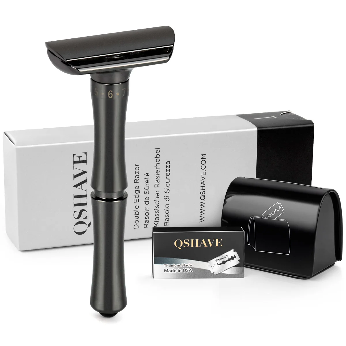 QShave матовая черная регулируемая Безопасная бритва безопасный пресс для открытия лезвия замена системы 1 бритва 1 лезвие утилизация чехол и 5 лезвий