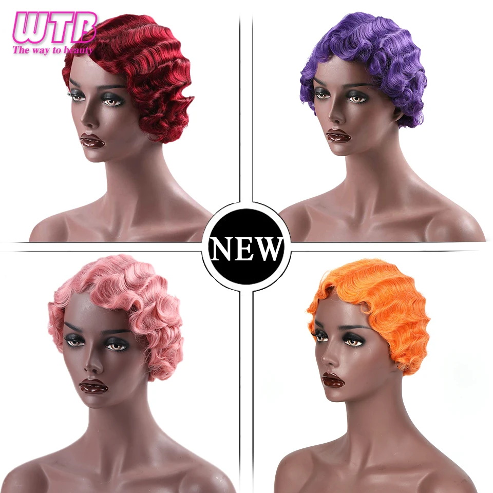 

WTB Synthetic Short Finger Wave Cute Wig High Temperature Fiber Short Water Wave Black Wigs for Black Women 8 Colors