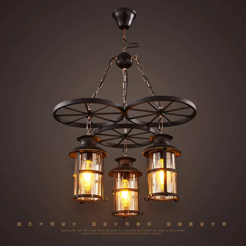 Koop Retro Industriële Stijl Kroonluchter Koffie Restaurant Bar Eettafel Loft Creatieve Persoonlijkheid Drie Smeedijzeren Wiel Lampen