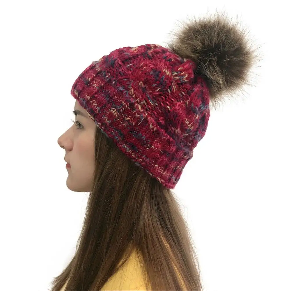 Бургундия Вязаные зимние женские шапки Skullies, женские шапочки с помпоном, Повседневная вязаная шапка, дамская модная громоздкая шапочка, теплая шапка s, шерстяная шапка - Цвет: Бургундия