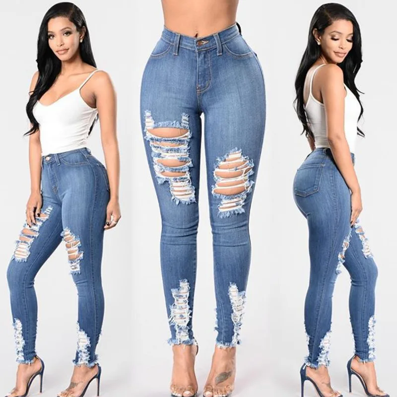 

Dilusoo Women High Waist Jeans Pants Elastic Holes Denim Jeans 4 Season Pencil Pants Ripped Skinny Woman Casual Jeans Trousers
