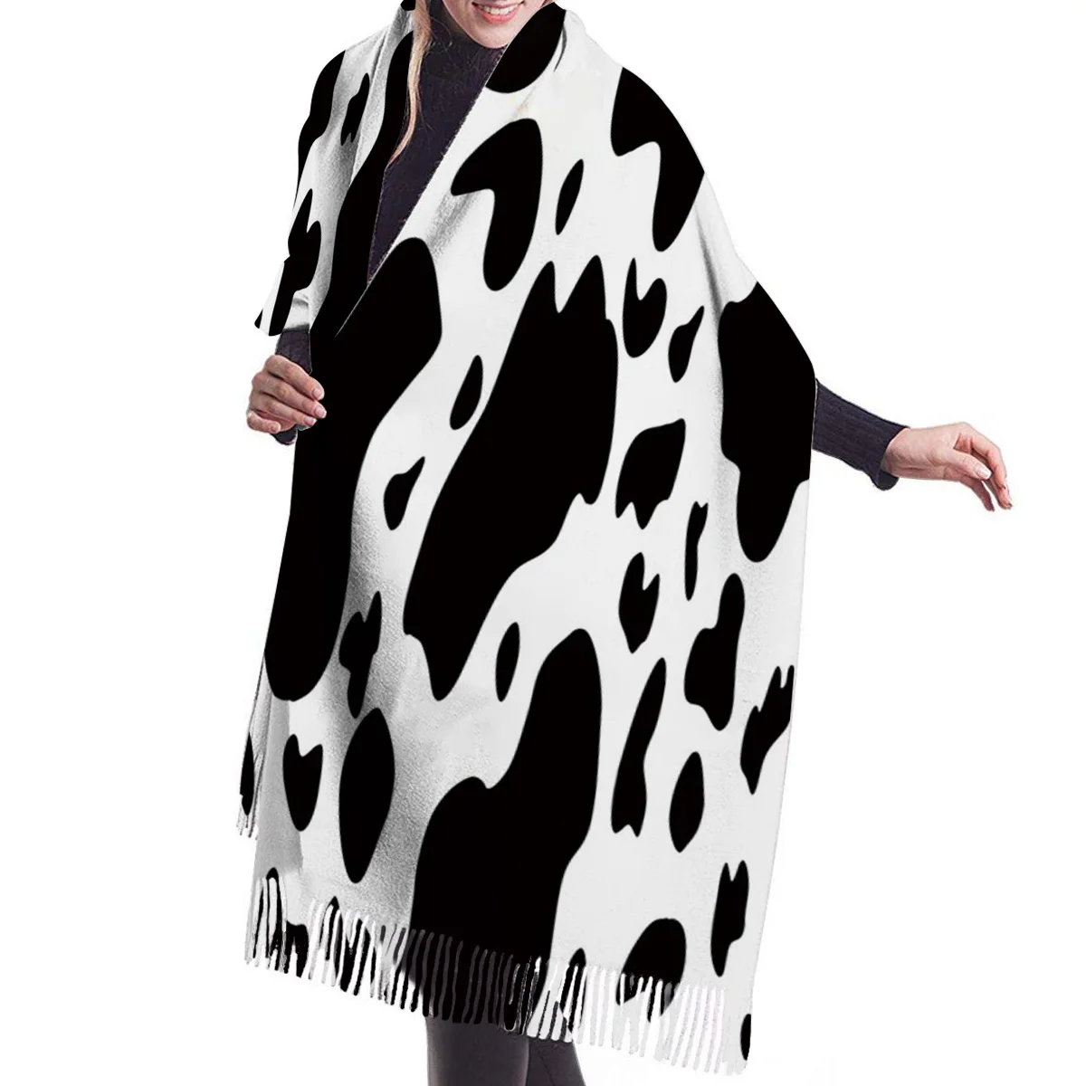 Мягкие кашемировые шарфы женские черные белые граффити корова пятнышко Осенние