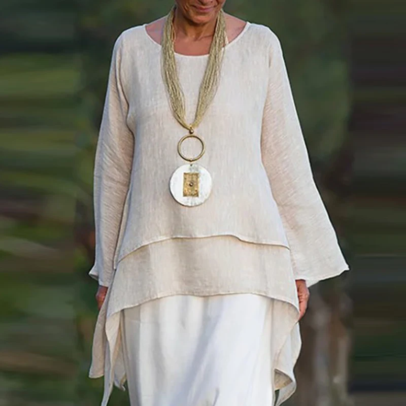 

Casual O Neck Double Ruffle Shirts Pullover Vintage Loose Irregular Female Blouse New Spring Autumn Long Sleeve Women Tops Blusa