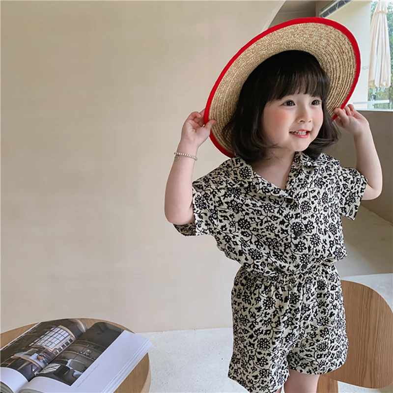 

Girls Casual Clothing Sets Korean Fashion Floral Blouses And Shorts 2pcs Outfits For Girl Short Sleeve Children Summer Suits