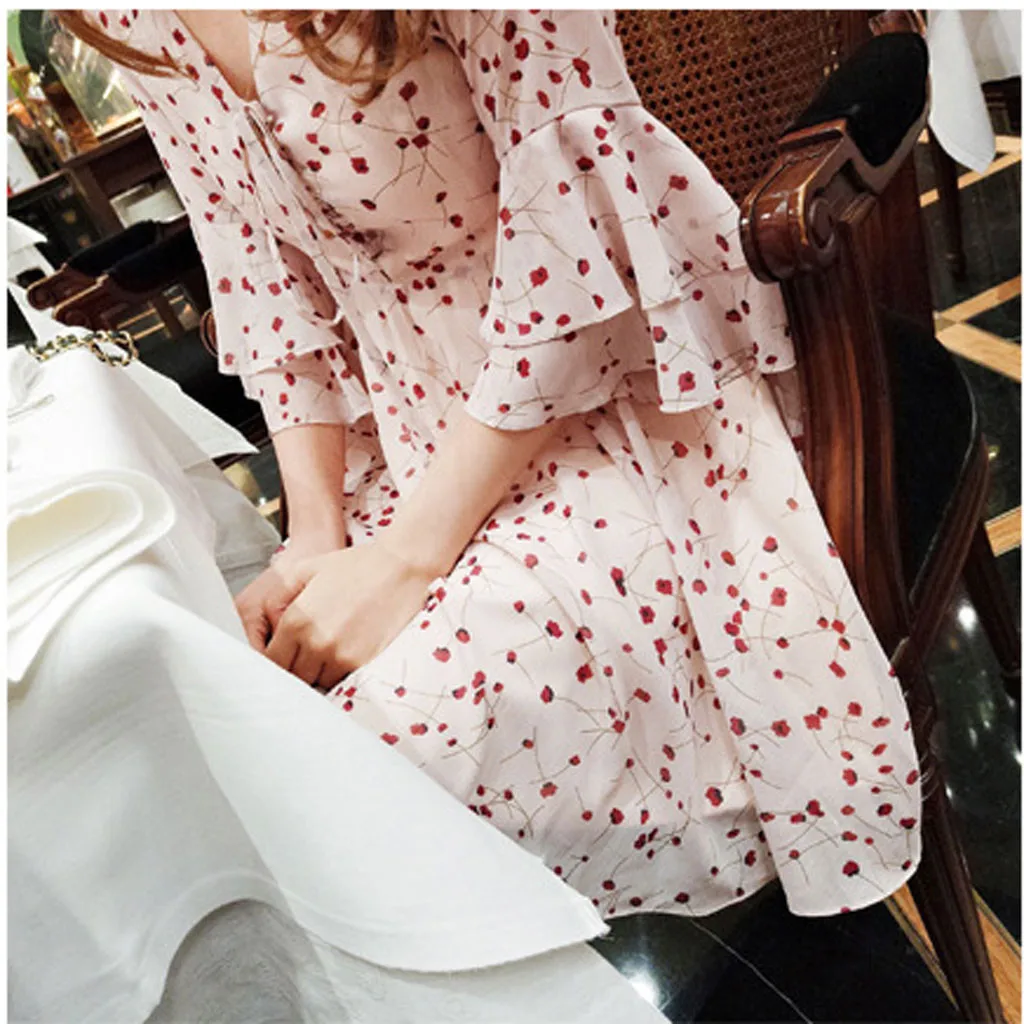 Женское винтажное платье в стиле бохо розовое с цветочным принтом элегантное