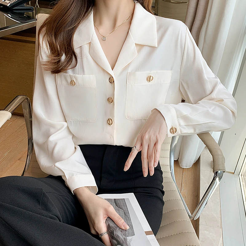 

2021 Spring Korean Fashion Blouse Women Tops Long Sleeve Button Up Shirt Solid Work Office Ladies Pockets Chiffon Clothing S-2XL