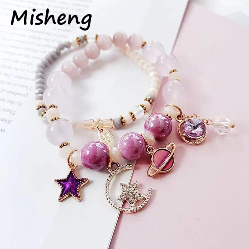 Misheng новый натуральный камень женский браслет кристалл розовый синий