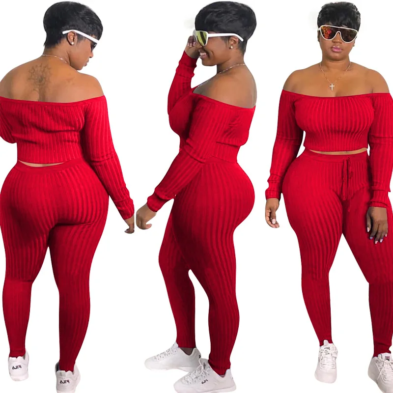 2021 Knitted Ribbed Sportswear Ladies Sweatshirt Suit 2 Piece Set Long Sleeve Off-shoulder Crop Top Pants Plus Size |