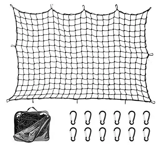 

Super Duty Bungee Cargo Net for Truck Bed Stretches to 12 Tangle-Free D Clip Carabiners | Small Mesh Holds Small and Large Loads