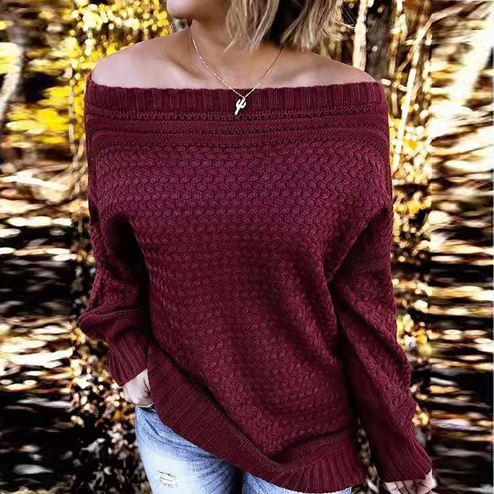 

2021 Autumn Women's Loose Slash Neck Sweater Comfy Knitted Solid Color Sweater Pullovers Streetwear Casual Sweater casacos