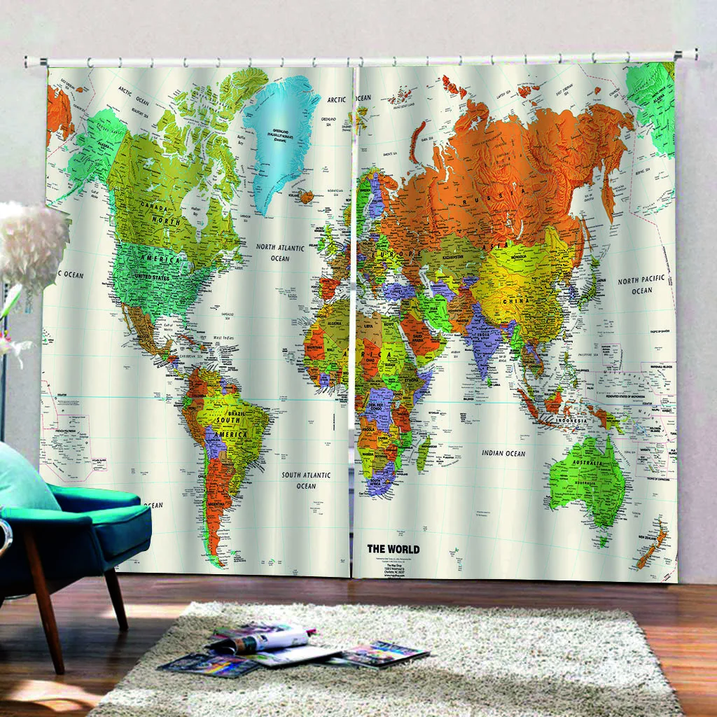 Светонепроницаемые шторы с цифровой печатью карты мира для детской комнаты