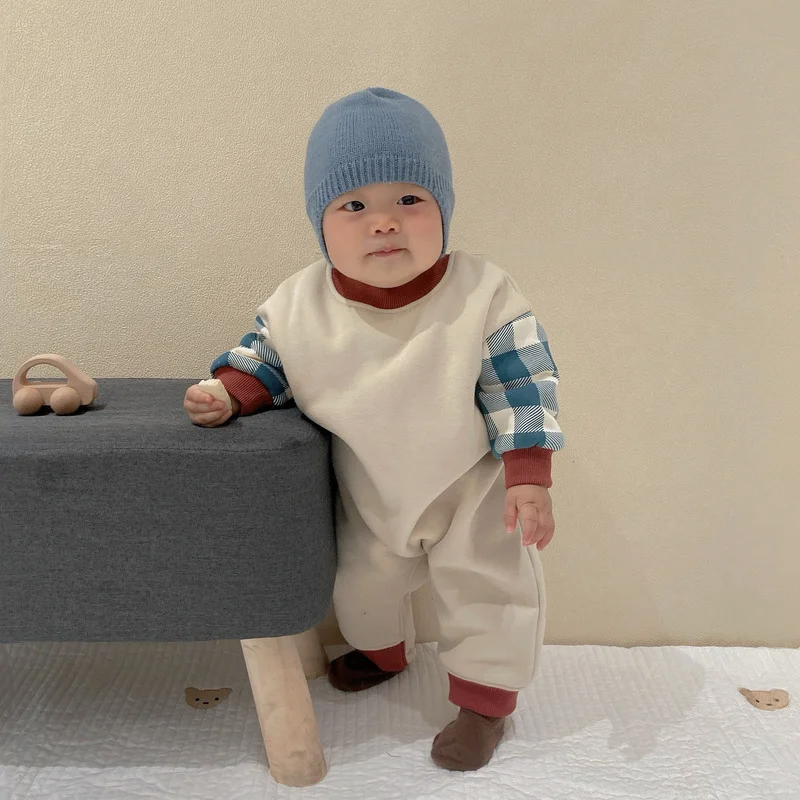 

Babies romper later fall and winter new plaid sleeve plus velvet bodysuits cuffs and collar contrast color keep warm clothing