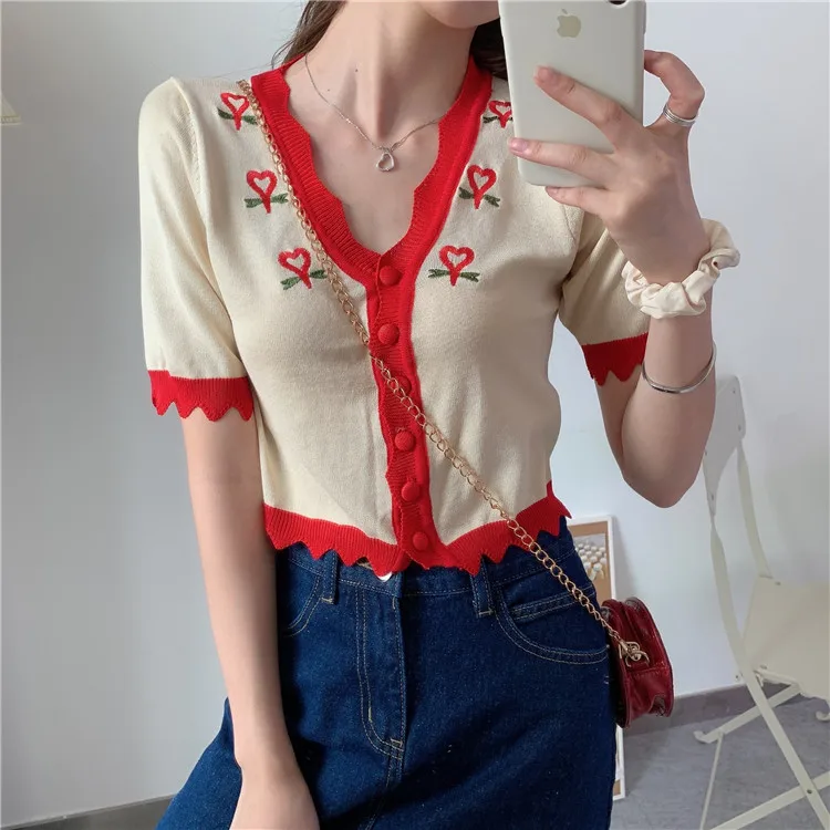 

2021 Summer Korean Sweet Style Short Sleeve Tees V-neck Single-breasted Patchwork T Shirts Women Clothing Fashion Ladies Tops