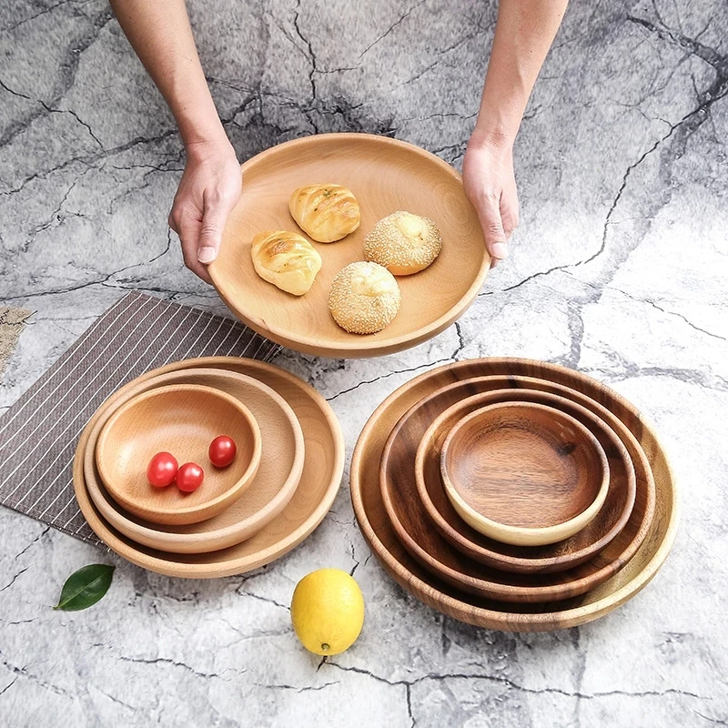 

Round Shape Solid Wood Fruit Tray Food Storage Dishes Salad Plate Coffee Tea Trays Home Living Room Fruit Plate Hotel Fruit Pan