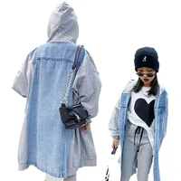 boys and girls denim stitching sweater jacket 2021 spring new childrens loose hooded long coat