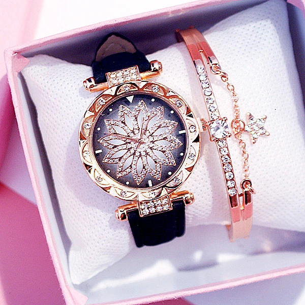 Часы и браслет женские кварцевые со звёздным небом на кожаном ремешке|Женские