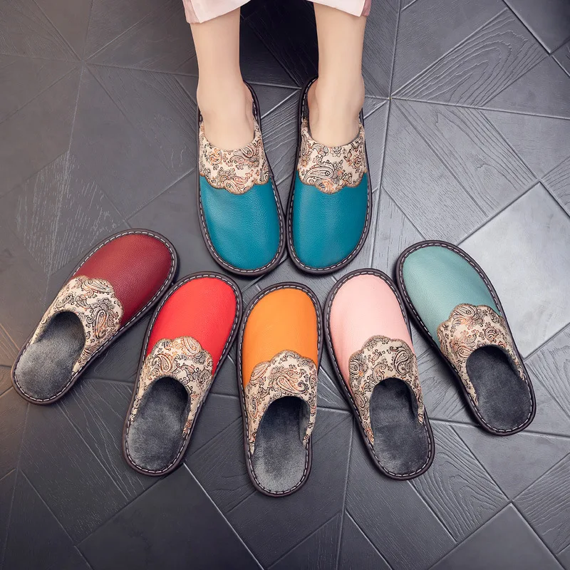 

Тапочки женские зимние из натуральной кожи, домашние тапочки, бесшумная термообувь, Нескользящие, меховые тапочки, сланцы