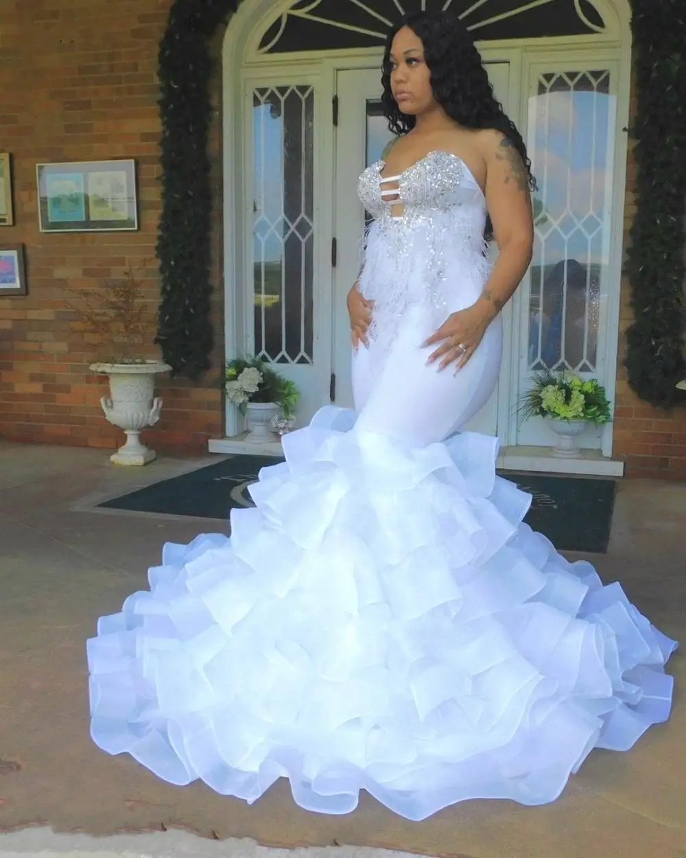 

Plus Size Feather Wedding Dresses Bride Gowns 2022 Tiered Skirts African Lace Beading Nigerian Sweetheart Applique vestido de