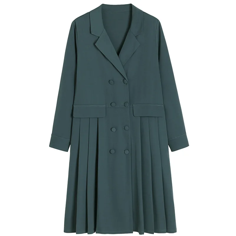 

TVVOVVIN Large Size Female Dress Spring French Double Breasted Women's Loose Slim Mid-length Pleated Dress 63DX