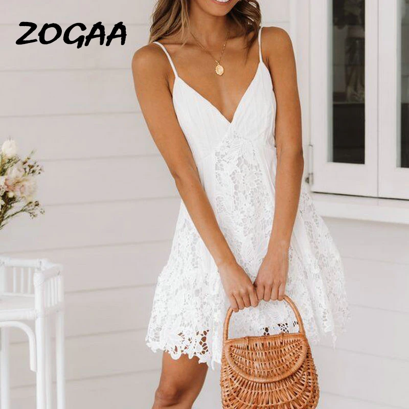 

ZOGAA Embroidery White Summer Lace Dress Women Sexy V Neck Spaghetti Strap Mini Dress High Waist Casual Beach Dresses Female New