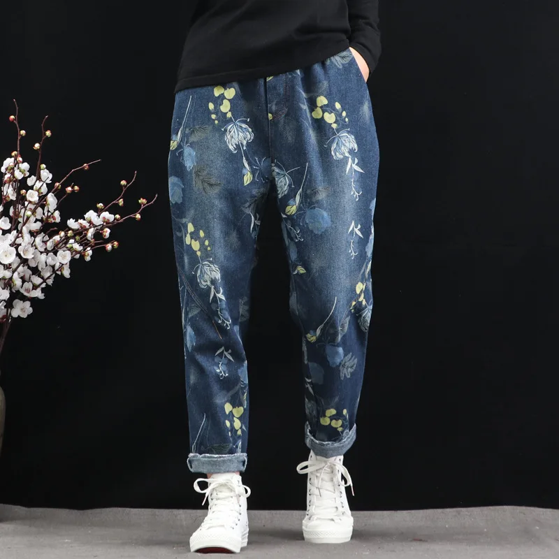 Женские джинсы с принтом винтажные свободные широкие эластичной резинкой на