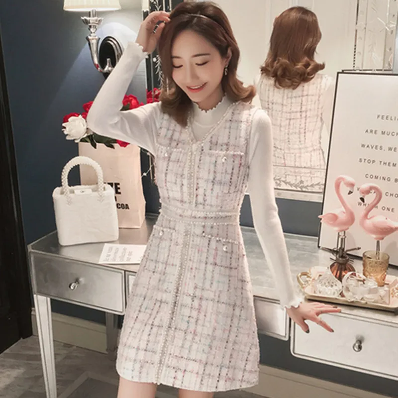 2019 осеннее модное платье высокого качества для женщин без рукавов твид