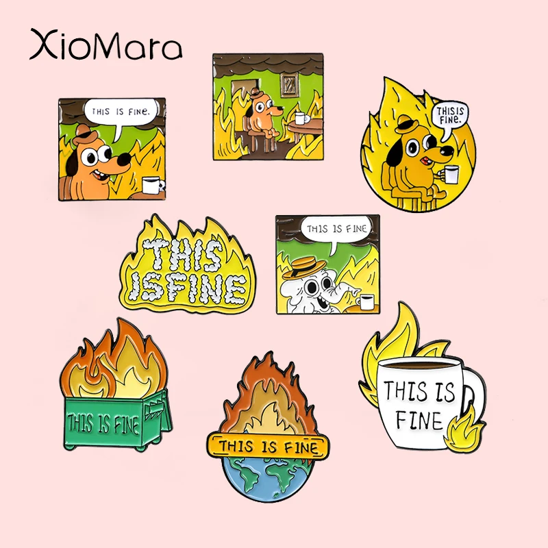 

Cartoon Dog Coffee Fire Cup Enamel Pin Unique Brooches This Is Fine Lapel Pins Badge Shirt Bag Funny Animal Jewelry Gift For Fan