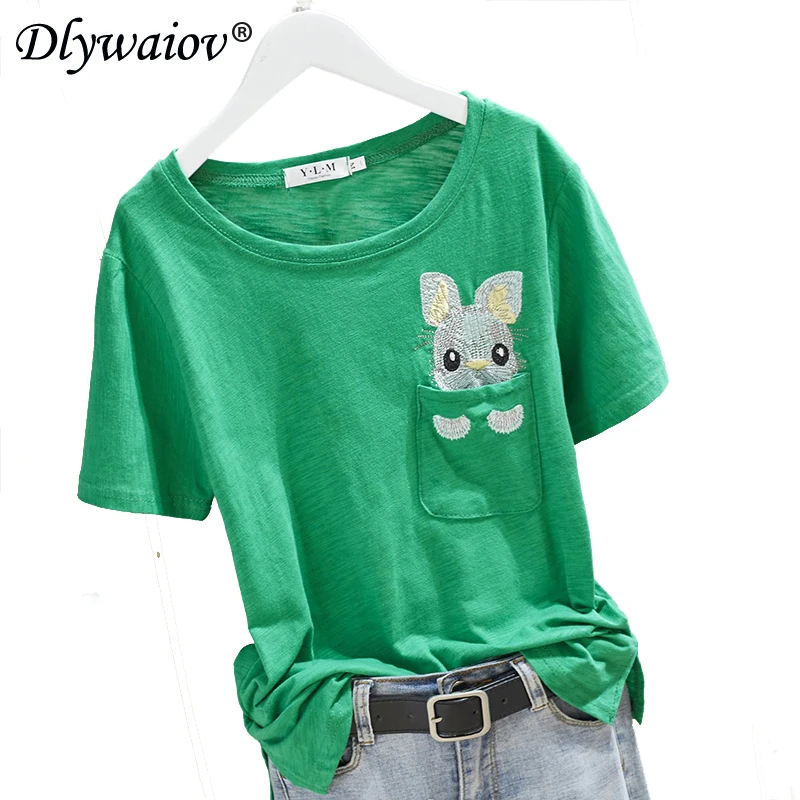 

2021 Slub cotton Tshirt Women's pocket short-sleeved T-shirt Loose T shirt Cute bunny embroidery Tees shirt Female Tops summer