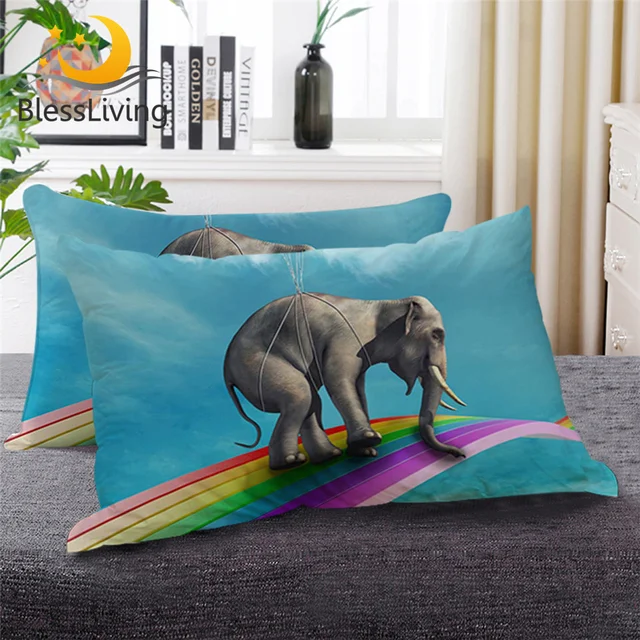 BlessLiving Sky Blue 3D Sleeping Pillow Rainbow Cute Down Alternative Body Pillow Elephant Riding Balloons Rising Bedding 1pc 1