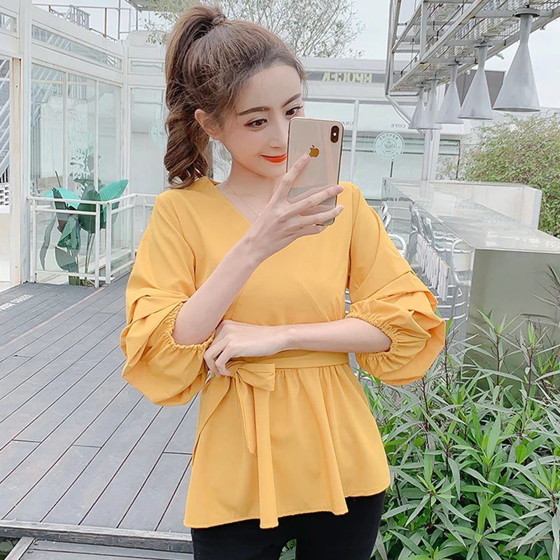 2020 ранняя Осенняя Модная рубашка в Корейском стиле с V образным вырезом и