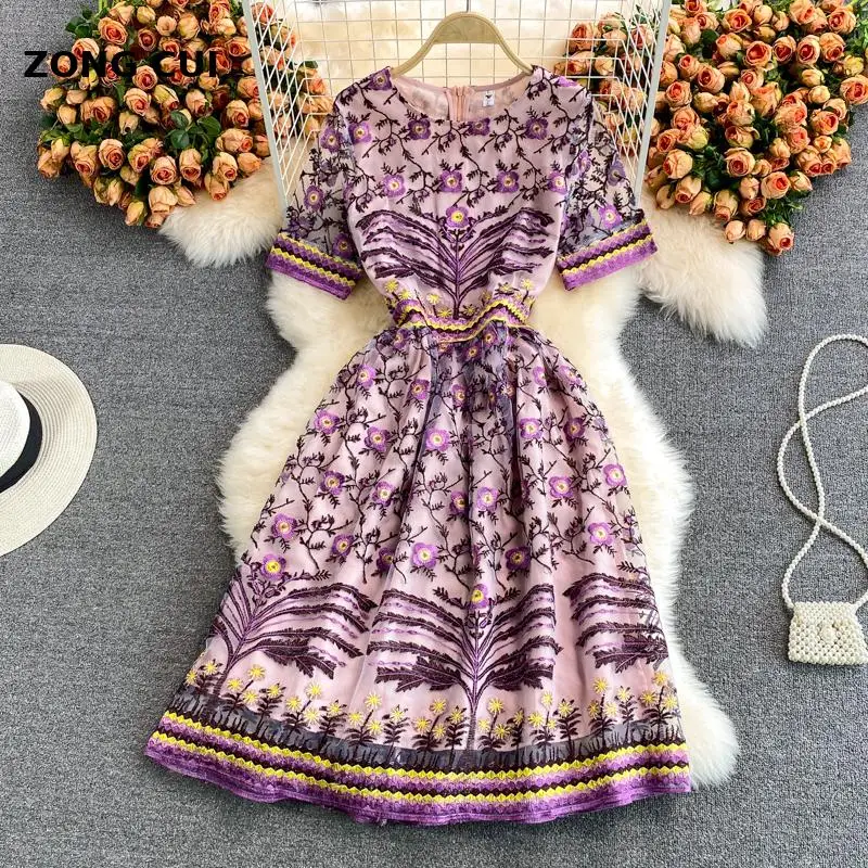 

Oversized mesh Tulle Embroidery purple dress 2021 summer women's o-neck Floral Vintage high quality dress new vestidos