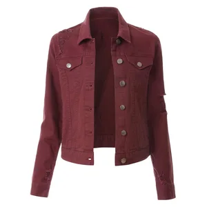 Куртка женская джинсовая короткая, приталенная эластичная рваная хлопковая деним, верхняя одежда, красный черный, весна-осень, 2019