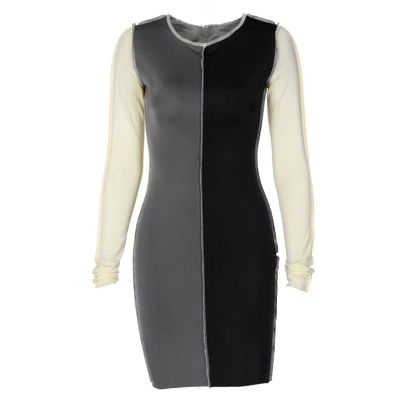 

Women Autumn Long Sleeve Round Neck Bodycon Mini Dress Color Block Patchwork Sexy Package Hip Skinny Slim Casual Party Clubwear