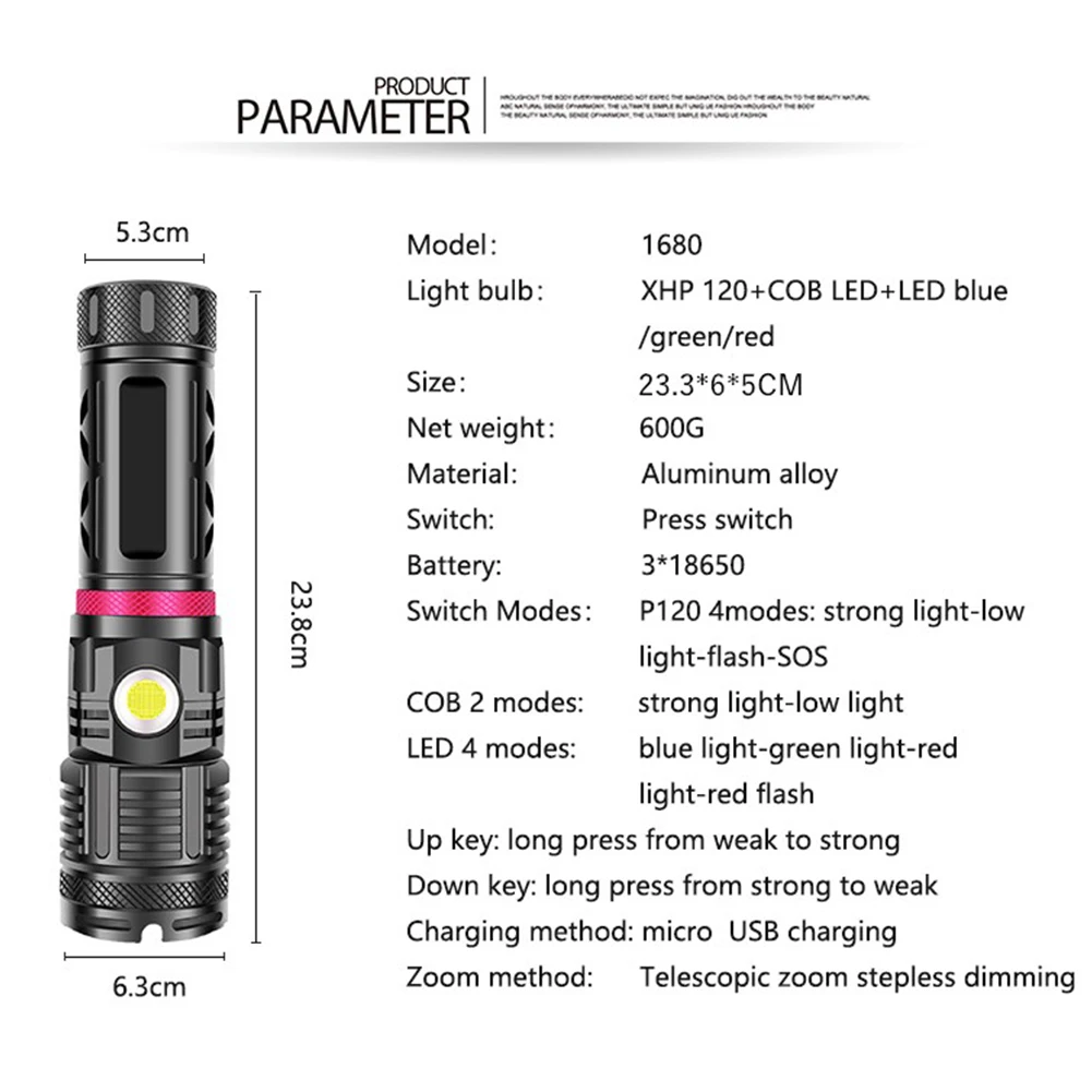 

XHP120 Flashlight Rechargeable COB Red Blue Green LED Hunting Fishing Hand Lamp Multi-function Waterproof Torch Flash Light